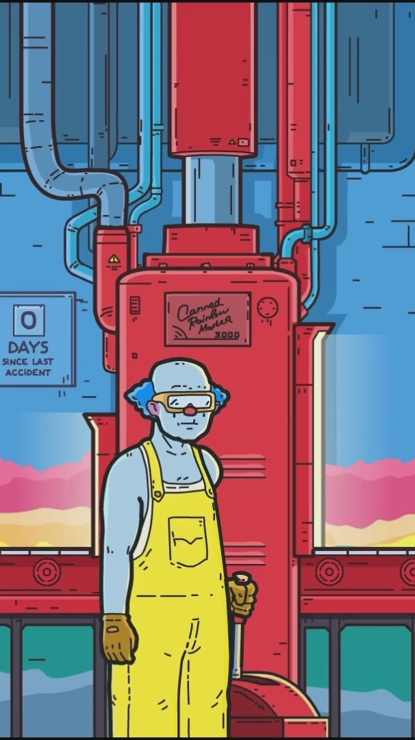 Cartoon-style illustration of a worker wearing safety goggles and yellow overalls inside a factory with a large red machine and pipes.